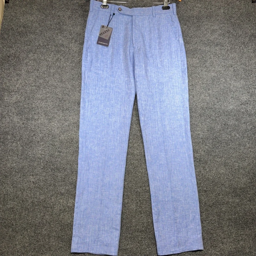 StudioSuits Bespoke Linen Trousers Men 30x32 Light Blue Herringbone Hand Crafted